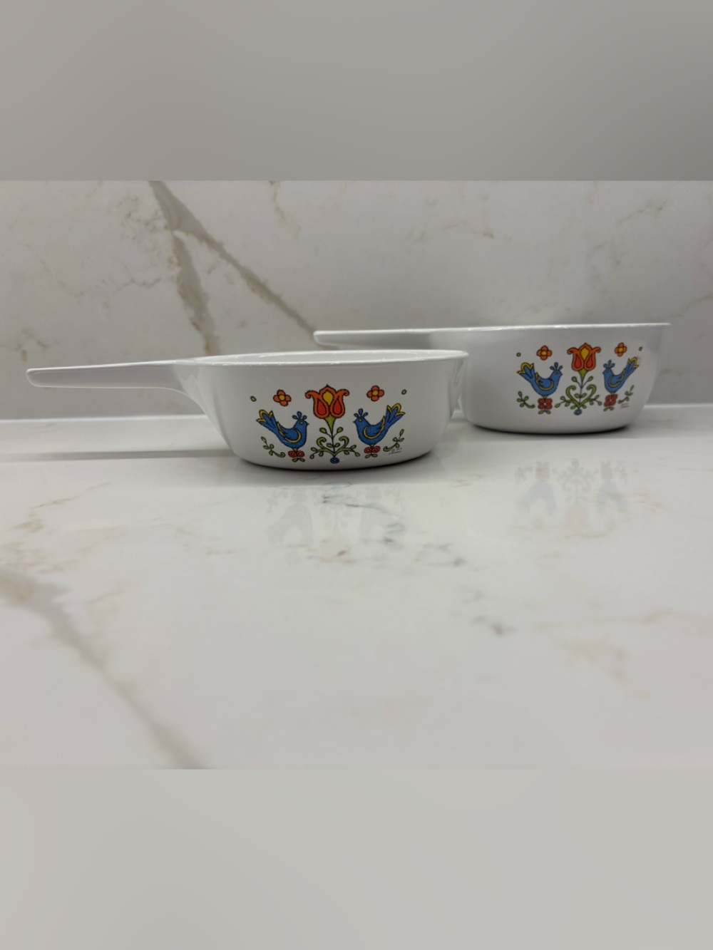 2 Vintage Corning Ware Country Festival Enamel Saucepans with Bluebirds